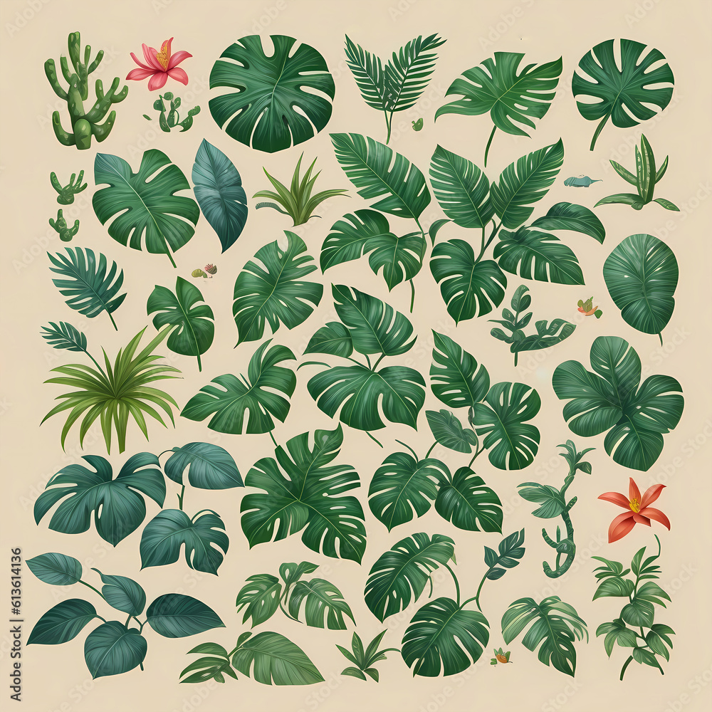Vibrant Tropical Illustration: Exotic Flowers and Foliage Blend in a Captivating Composition