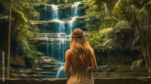 Woman looking at tropical waterfall back view