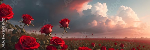 Illustration, landscape of a field filled with roses, AI generative
