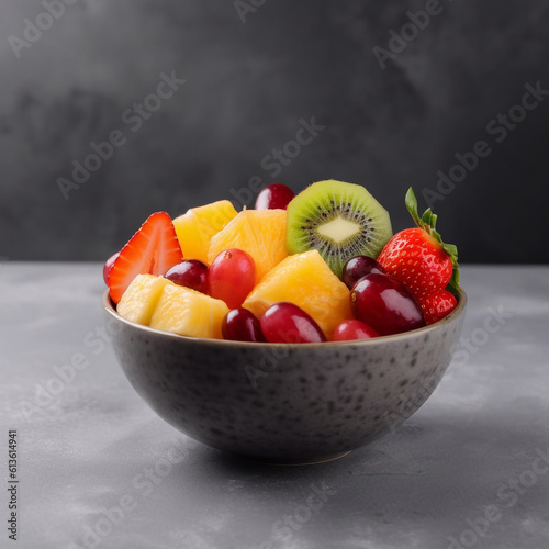 Fresh fruit salad with strawberry  pineapple  kiwi  ananas and mint. Delicious cut fruit in a bowl. Generative AI