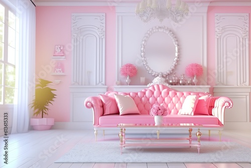 Doll like interior. Comfortable living room. Girl's apartment in pink and white colors. Generative Ai
