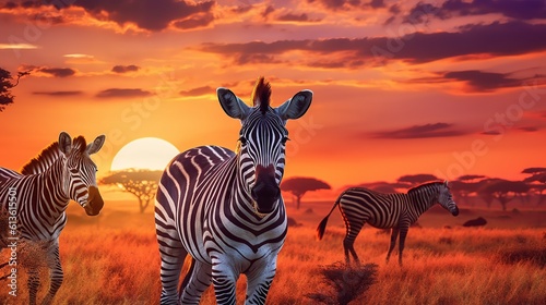 Amazing african zebras at sunset concept Generative AI © pector