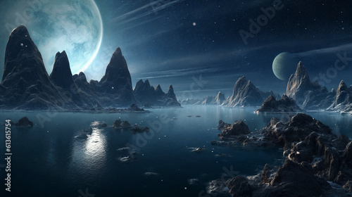 Fantasy planet , night sky on background. AI Generative © Olga Khoroshunova