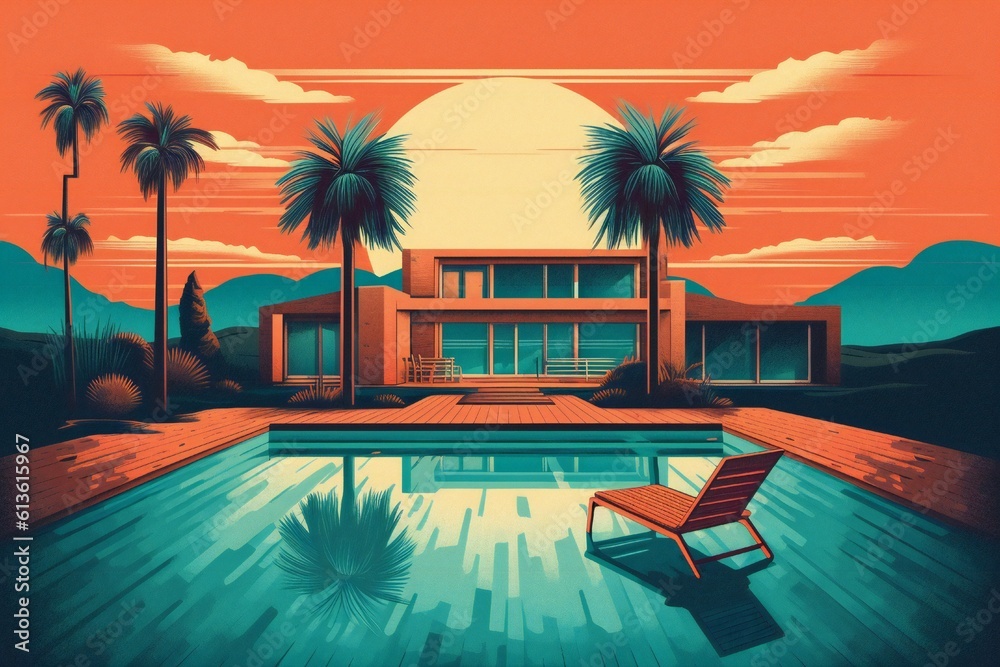 Fototapeta premium Vacation, summer sunset, retro and modern style, for a greeting card Generative AI