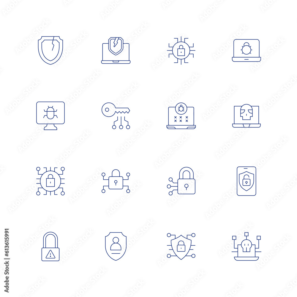 Cyber security line icon set on transparent background with editable stroke. Containing broken shield, browser, bug, cyber attack, cyber security, cyber.