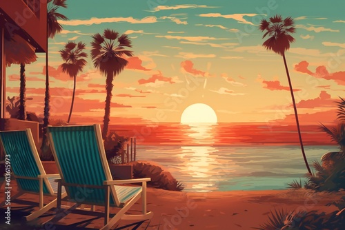 Vacation  summer sunset  retro and modern style  for a greeting card Generative AI