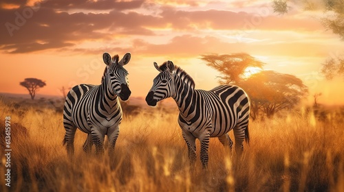Amazing african zebras at sunset concept Generative AI © pector