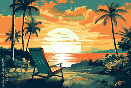 Vacation, summer sunset, retro and modern style, for a greeting card Generative AI