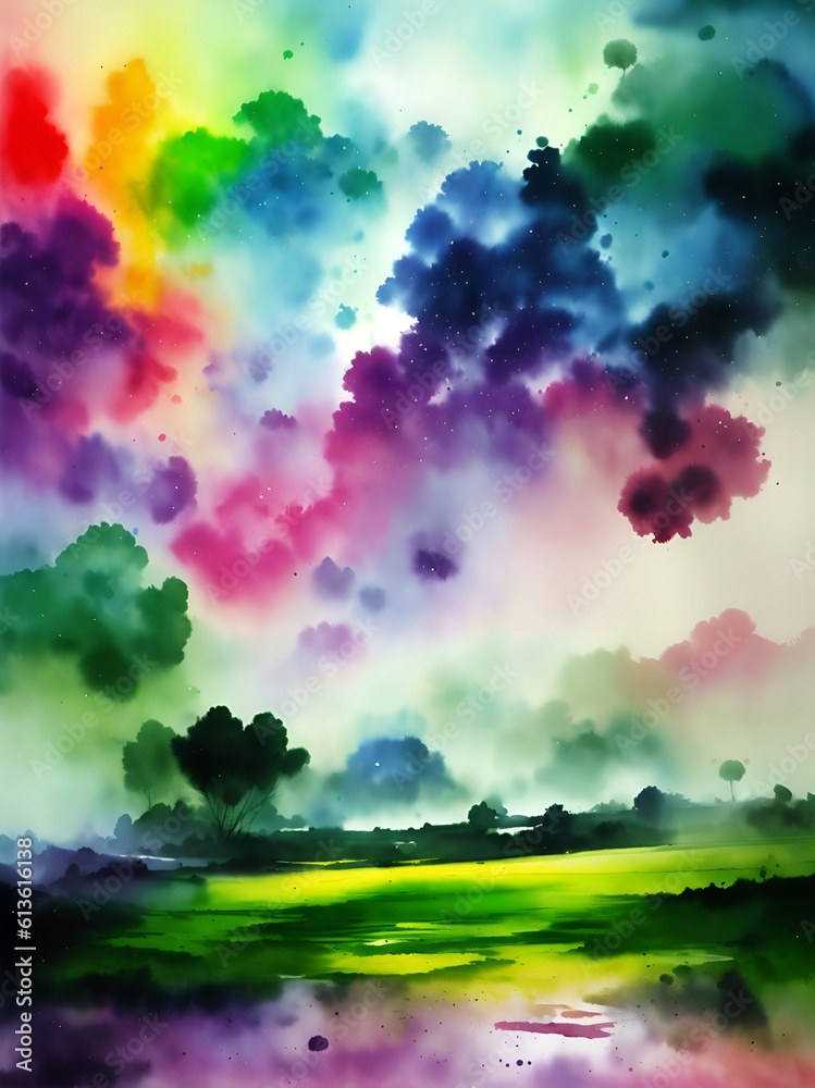 Rainbow meadow landscape. AI generated illustration