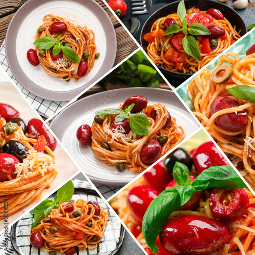 Collage with delicious pasta Puttanesca