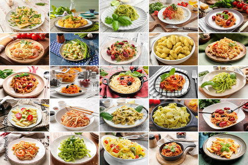 Collage with different types of Italian pasta