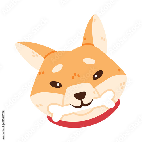 Akita Inu Dog and Domestic Animal or Pet Head with Bone Vector Illustration