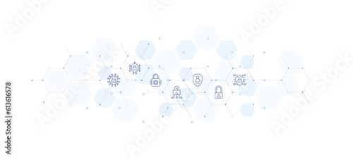 Cyber security banner vector illustration. Style of icon between. Containing wifi, server, smartphone, spy, virus, spyware, trojan horse, view.