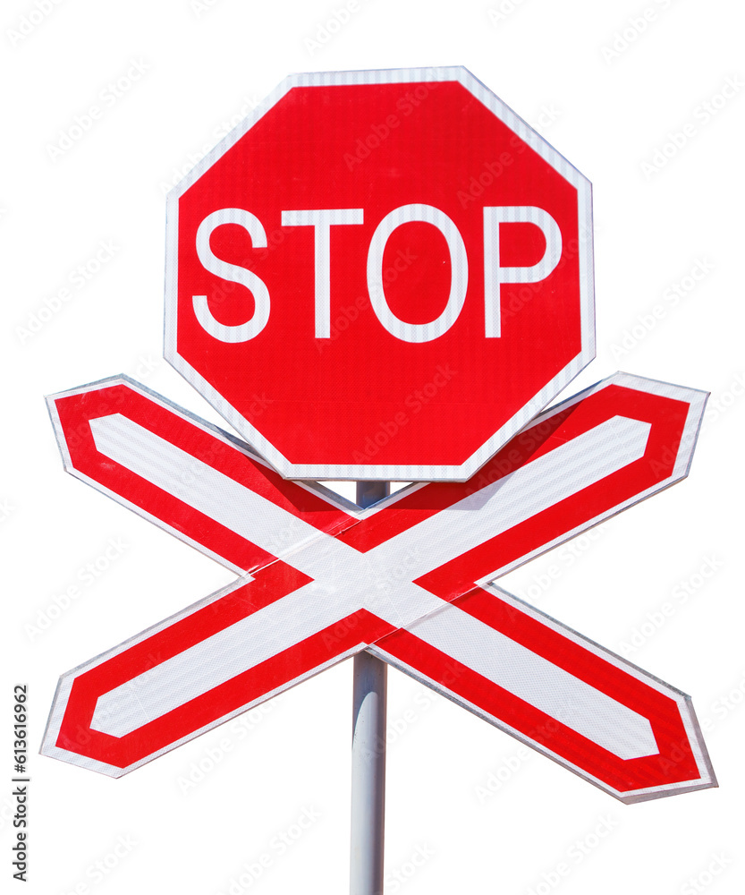 Red Stop and railroad crossing sign. Isolated png with transparency