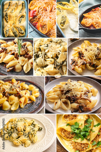 Collage with tasty conchiglie pasta