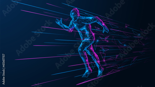 Running person leaves behind a trail of fragments and particles. Low-poly design of interconnected lines and dots.