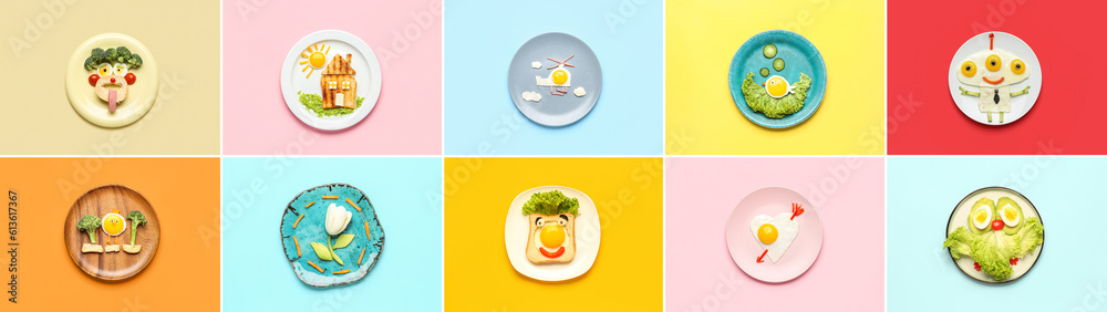 Collage of funny dishes for kids on color background, top view