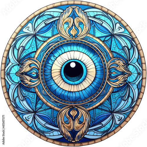 Round stained-glass illustration of the evil eye (Turkish eye symbol amulet) in a stained-glass/mosaic frame. AI-generated art. photo