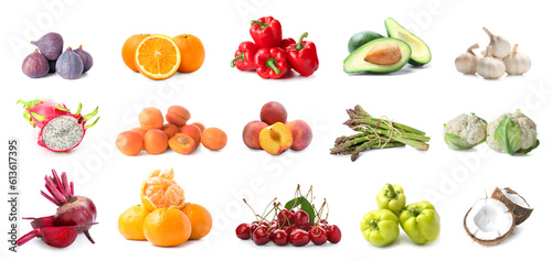 Collage of fresh vegetables and fruits isolated on white