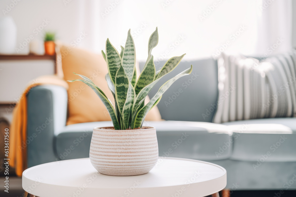 Sansevieria or snake plant in a pot on blurred living room interior background. Generative AI. Sansevieria or snake plant in a pot on blurred living room interior background. Generative AI.