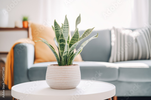 Tela Sansevieria or snake plant in a pot on blurred living room interior background