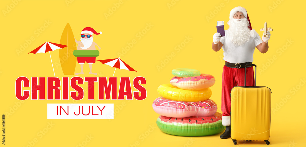 Banner with text CHRISTMAS IN JULY and Santa Claus with suitcase, passport, ticket and small airplane