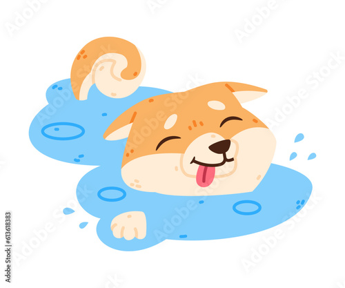 Akita Inu Dog and Domestic Animal or Pet Swim in Water Vector Illustration