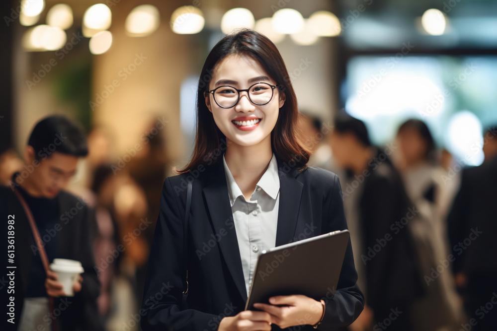 Professional Korean Asian Woman holding a Tablet during Business Seminar Corporate Meeting Event Workshop Conference Women in Business, Diversity, generative ai