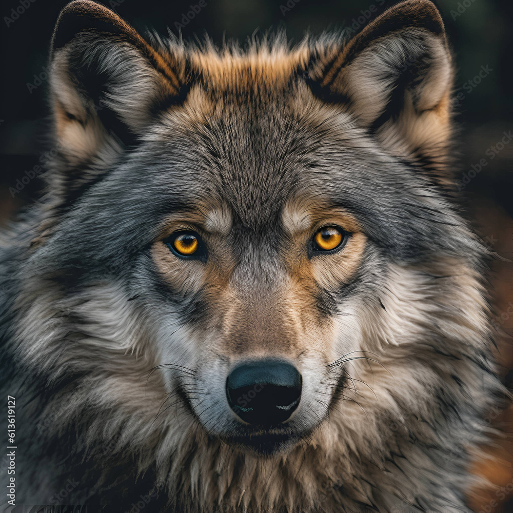 Obraz premium Generative ai gray wolf portrait close up