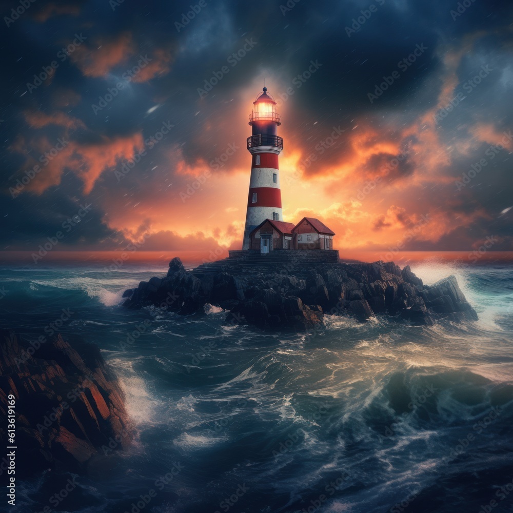 Beautiful lighthouse adorned nighttime seascape