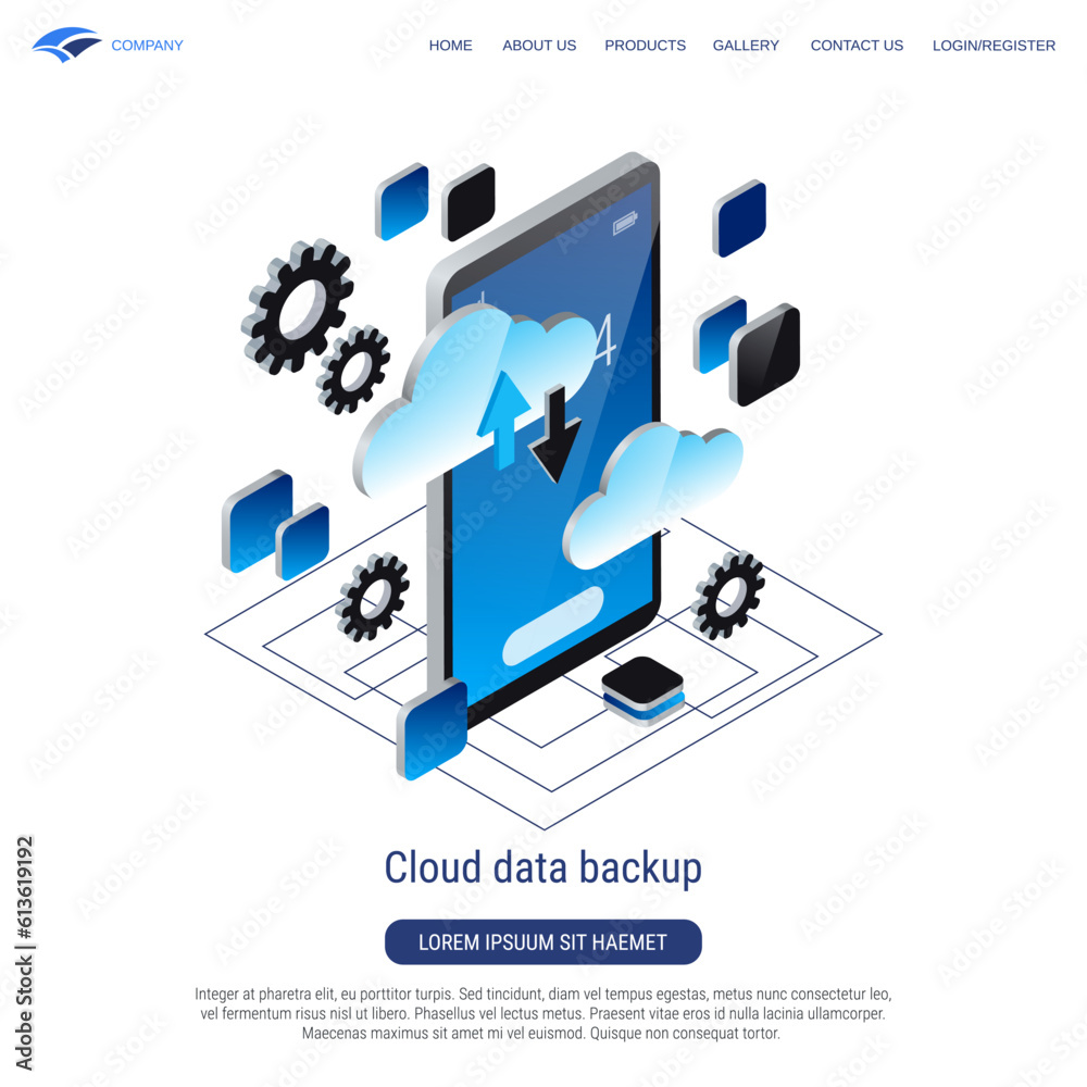 Cloud data backup, remote server, cloud database 3d isometric vector concept illustration