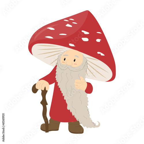  Amanita gnome mushroom. Poisonous toadstool fly agaric. Vector fairy tale character