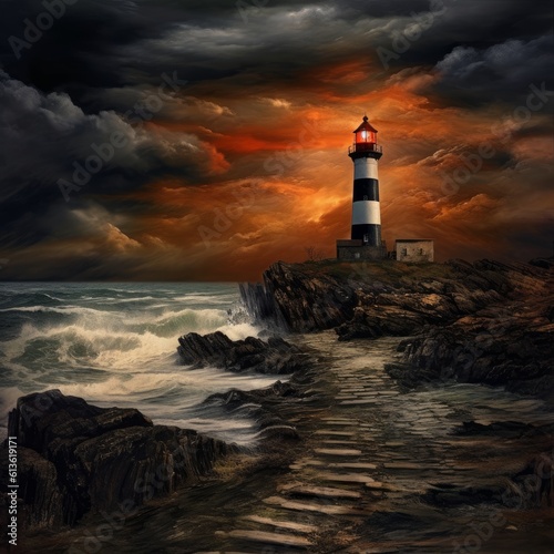 Beautiful lighthouse adorned nighttime seascape © jechm