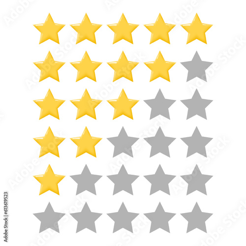 Five star rating of sites on the Internet. 5 star consumer rating for apps and websites. Yellow star icons in a row for customer voting for quality of service. Vector illustration.