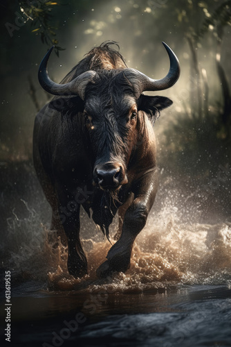 Majestic buffalo in Action on natural habitat. Wildelife Photography concept . AI Generative 