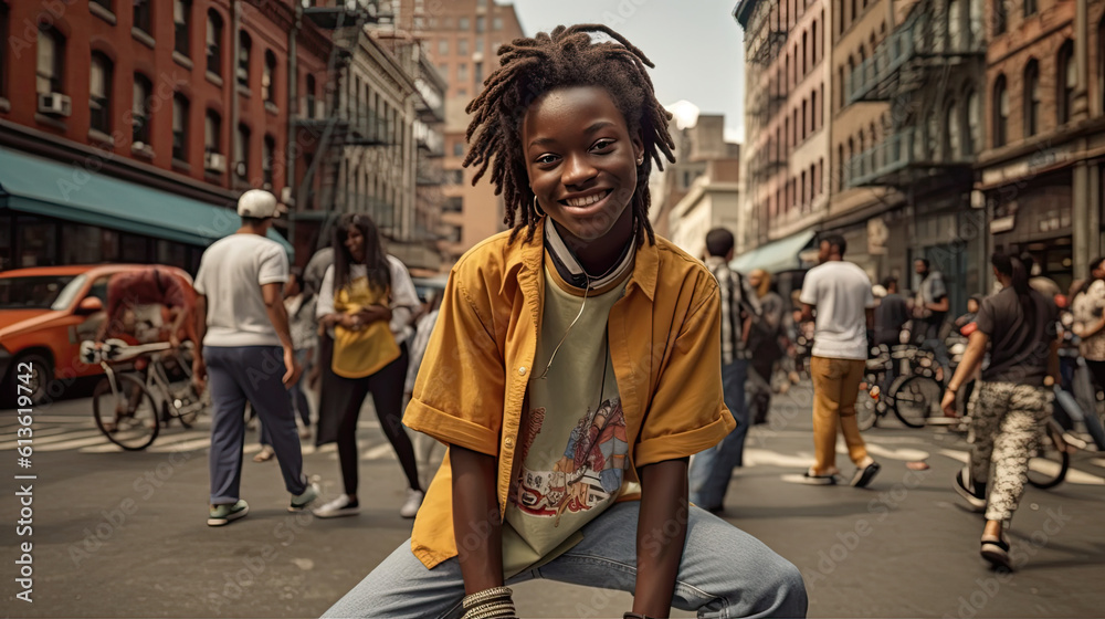 Obraz na płótnie Czarnoskóra nastolatka z pięknym uśmiechem stoi na tłocznej ulicy w USA w salonie
