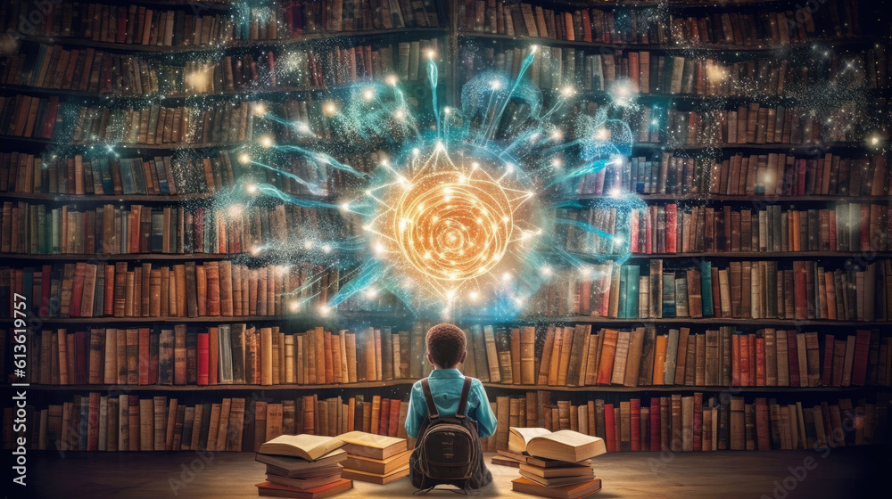 Mały chłopczyk w bibliotece podczas czytania książki przenosi się do innego świata magii - obrazy, fototapety, plakaty 