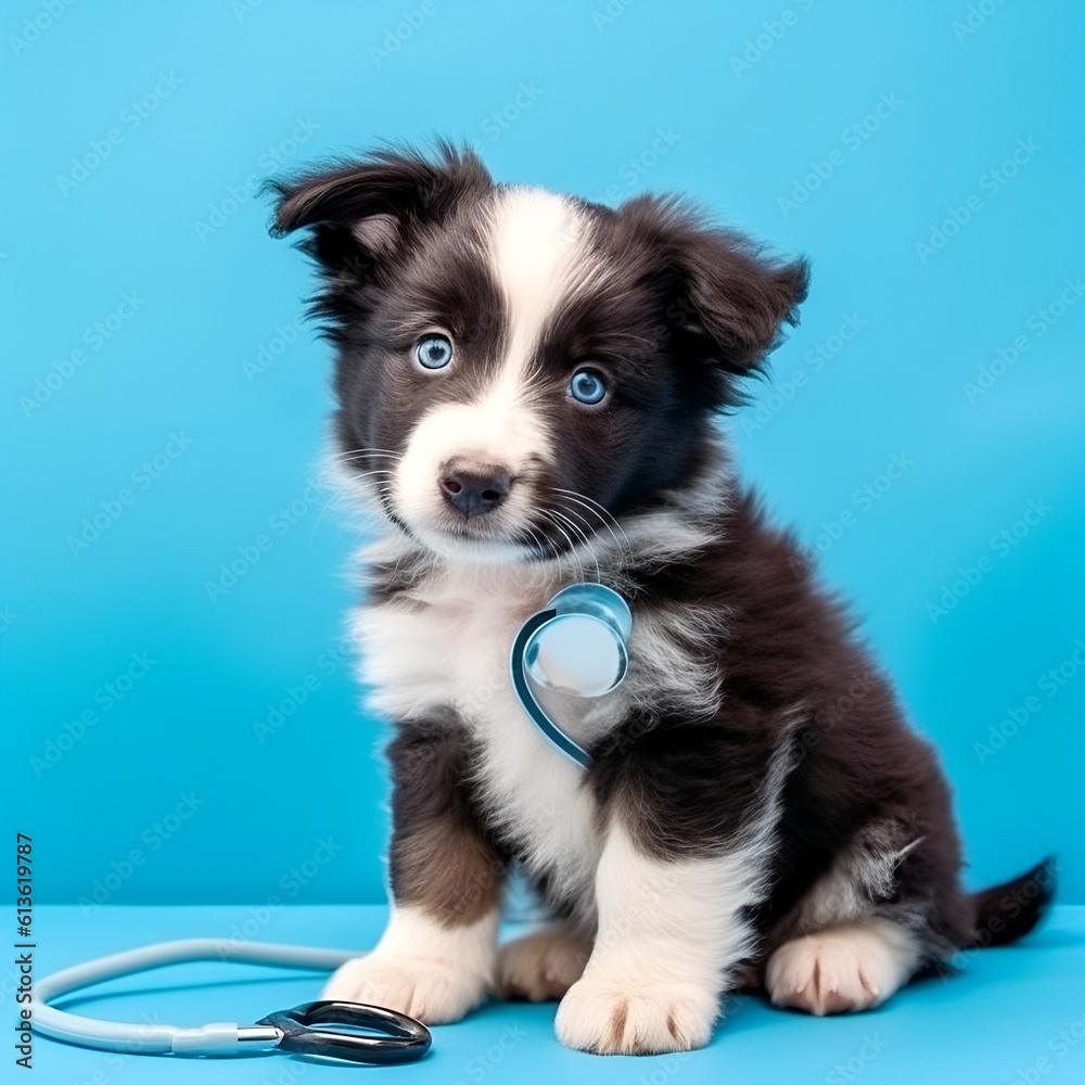 Puppy dog border collie and stethoscope isolated on blue background. Little dog on reception at veterinary doctor in vet clinic. Pet health care and animals concept. Banner