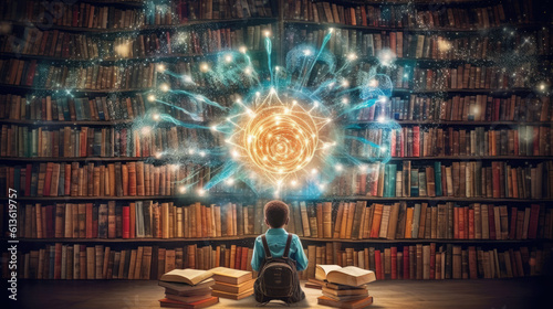 Mały chłopczyk w bibliotece podczas czytania książki przenosi się do innego świata magii