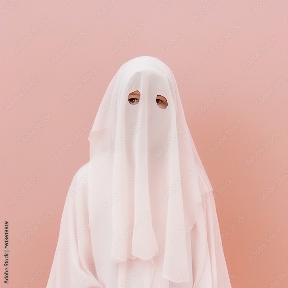 Girl in ghost costume against pastel pink background. Halloween party minimal concept. Girl in ghost costume against pastel pink background. Halloween party minimal concept.