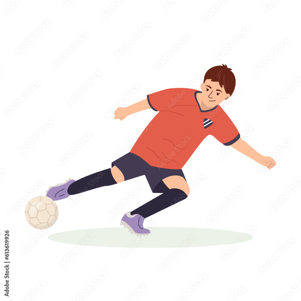 Teenage boy football player, in a red sports shirt, kicks a soccer ball. Kid sportsman playing football game, dynamic practicing. Cartoon vector illustration in flat style isolated. Teenage boy football player, in a red sports shirt, kicks a soccer ball. Kid sportsman playing football game, dynamic practicing. Cartoon vector illustration in flat style isolated.