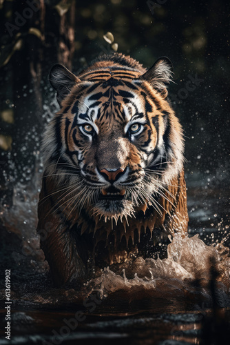 Majestic tiger in Action on natural habitat. Wildelife Photography concept . AI Generative 