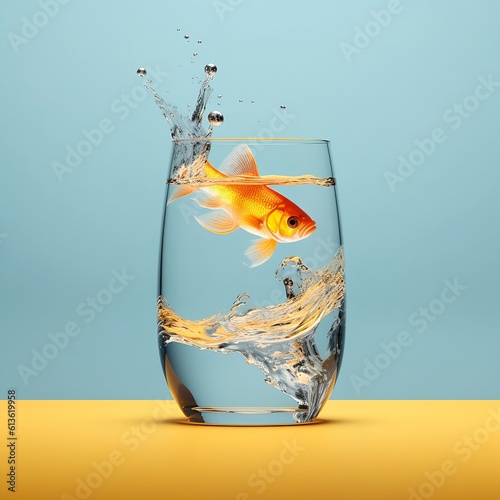 Fish jumping out of glass of water. Creative minimal concept.