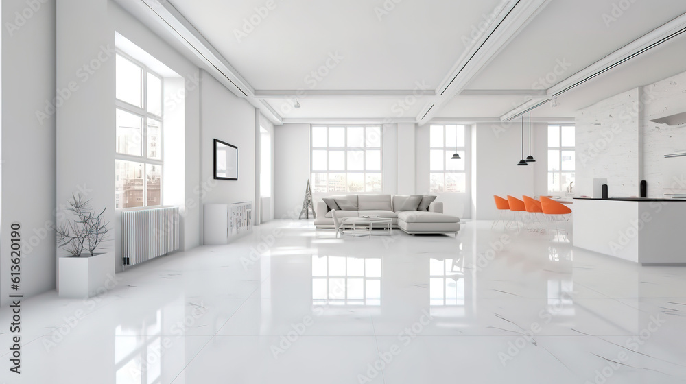Interior of white apartment panorama. Generative Ai Interior of white apartment panorama. Generative Ai