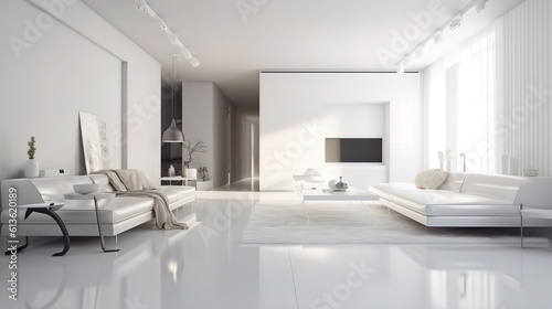 Minimalistic white interior with empty mock up place on wall furniture. Generative Ai