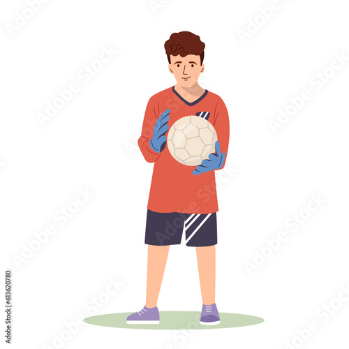 Fototapeta Naklejka Na Ścianę i Meble -  A teenage football player goalkeeper in a red sports shirt caught a soccer ball. Kid athlete plays football, stands at the gate. Cartoon vector illustration in flat style isolated.