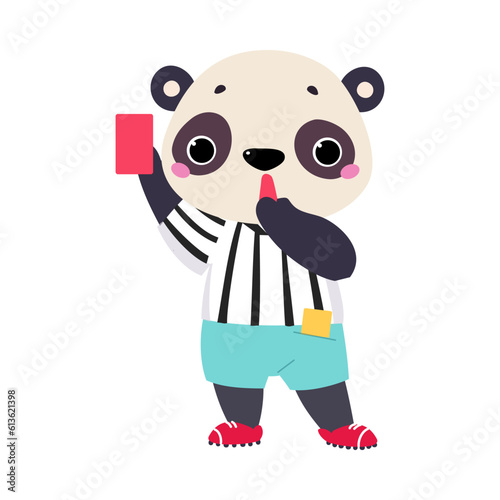 Funny Panda Animal Character Referee Showing Red Card and Whistle Vector Illustration
