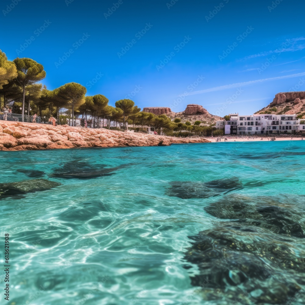 beach and crystal clear water on an island of ibiza in the mediterranean sea