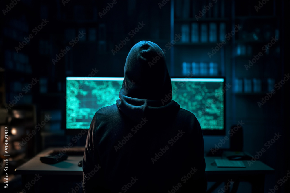 Hooded hacker seen from behind sitting in front of a computer. Generative AI. Hooded hacker seen from behind sitting in front of a computer. Generative AI.