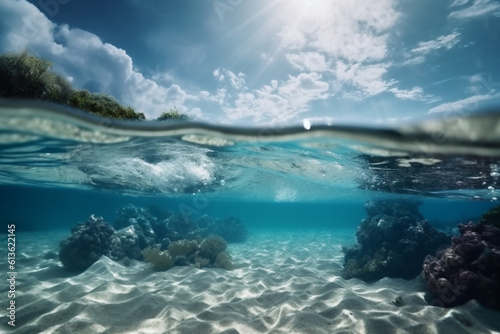 Abstract diving clean underwater background on the maldives islands with bokeh. AI Generative © Elena